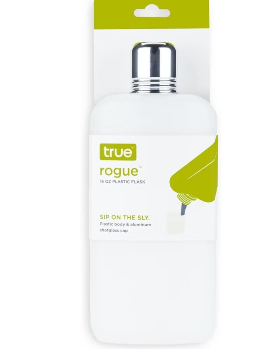 Rogue Plastic Flask in White with Lime Logo and Silver Cap